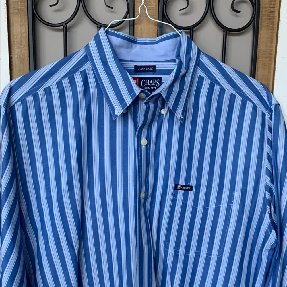 Chaps Blue Casual Button Down Shirt with Stripes